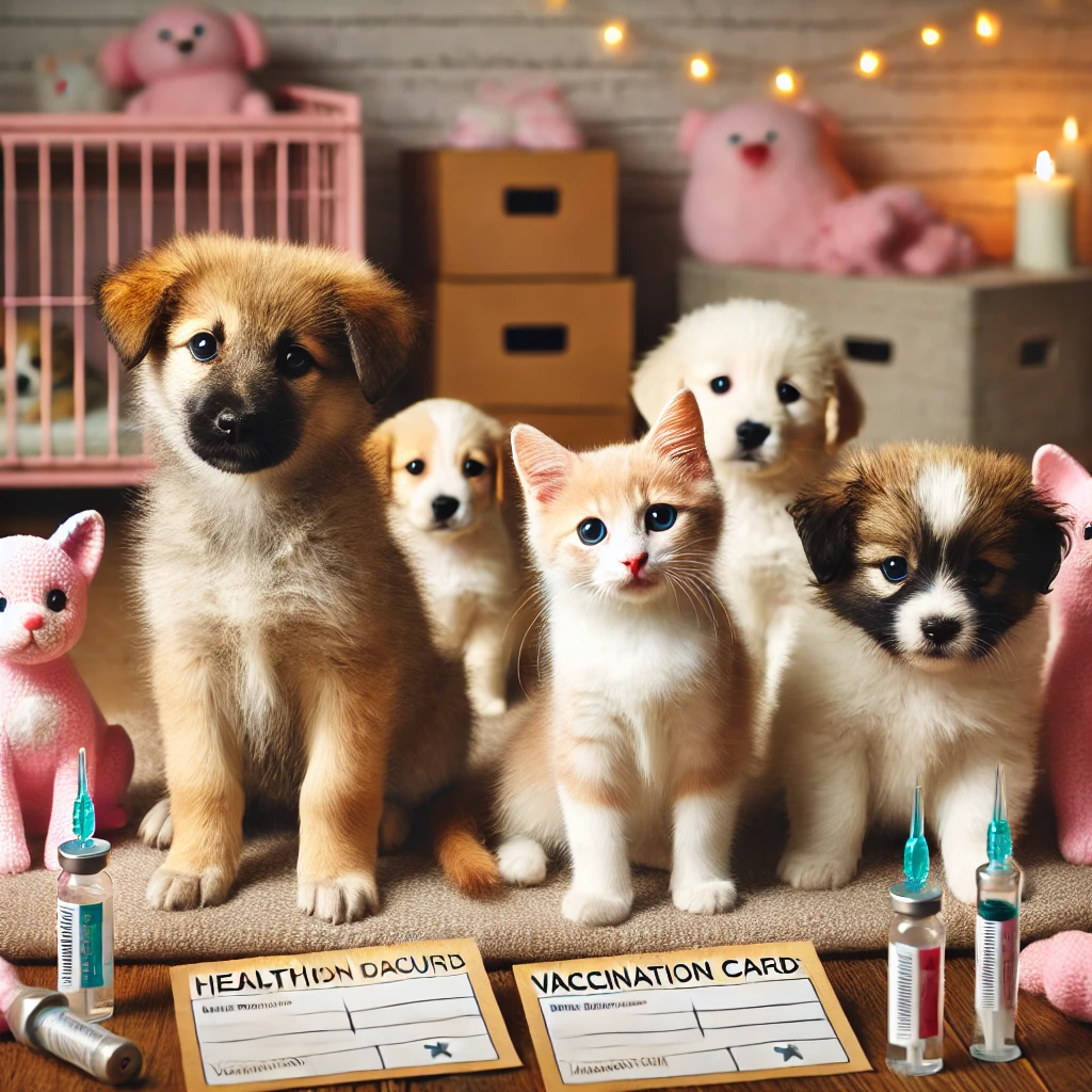 Chatons et chiots en attente d'adoption, accompagnés de leur carnet de santé.