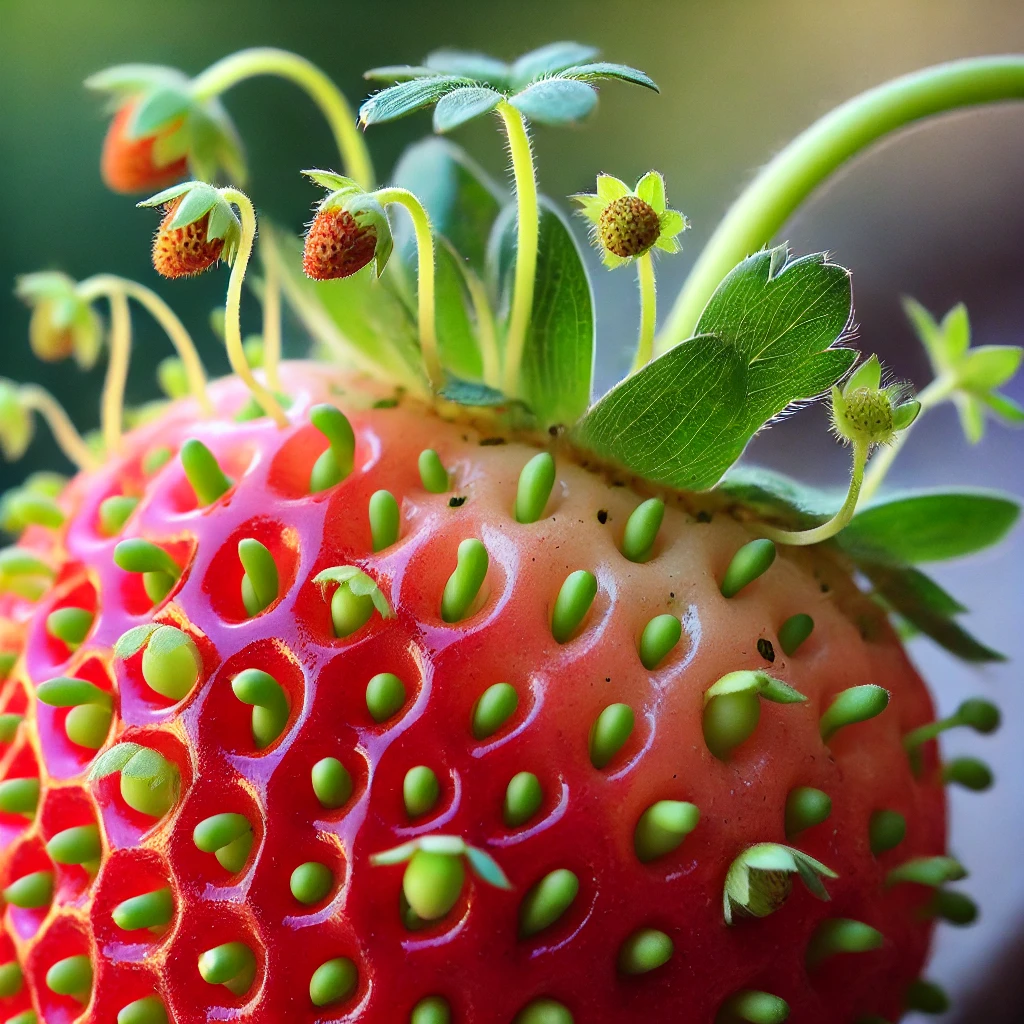 Viviparie chez la fraise : graines germant directement sur la surface du fruit.