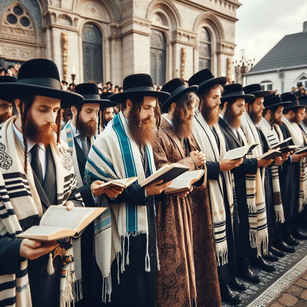 Illustration représentant l'observance du Yom Kippour dans une synagogue traditionnelle. Des hommes et des femmes juifs en tenues blanches prient solennellement, un rabbin tenant un rouleau de la Torah avec l'Arche ouverte en arrière-plan.