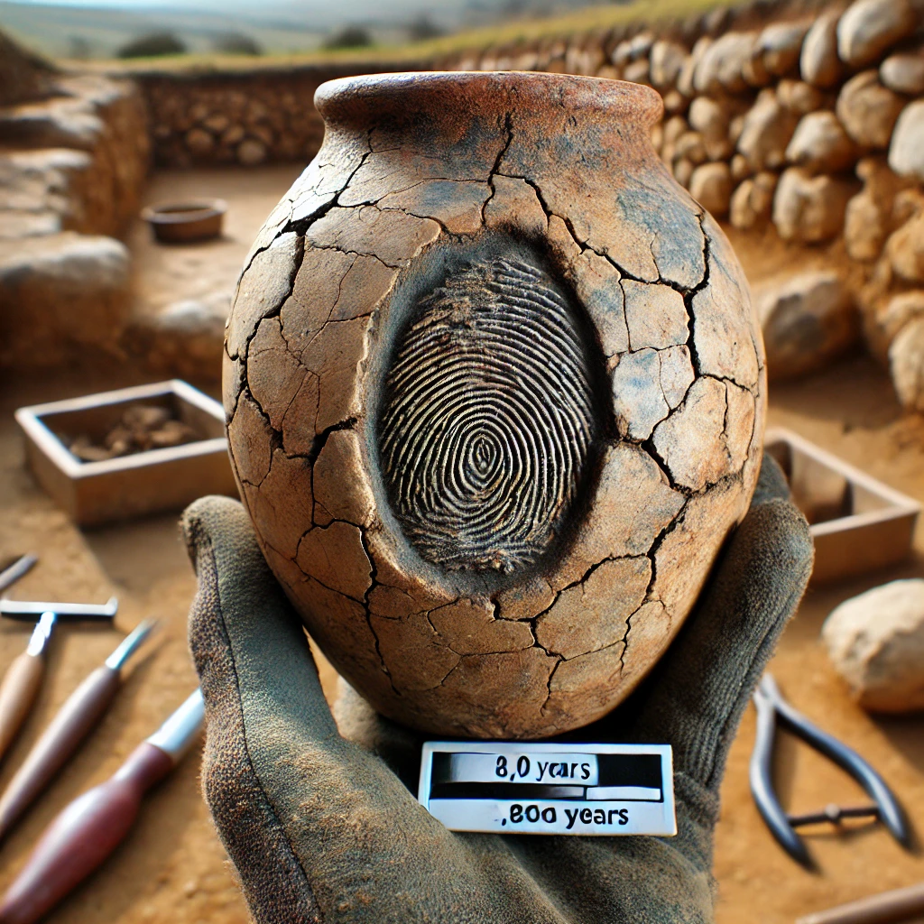 Vue rapprochée d'une poterie néolithique ancienne, montrant une empreinte digitale visible sur sa surface. La poterie est craquelée et usée par le temps, entourée d'outils de fouilles archéologiques dans un cadre évoquant un site d'excavation historique.