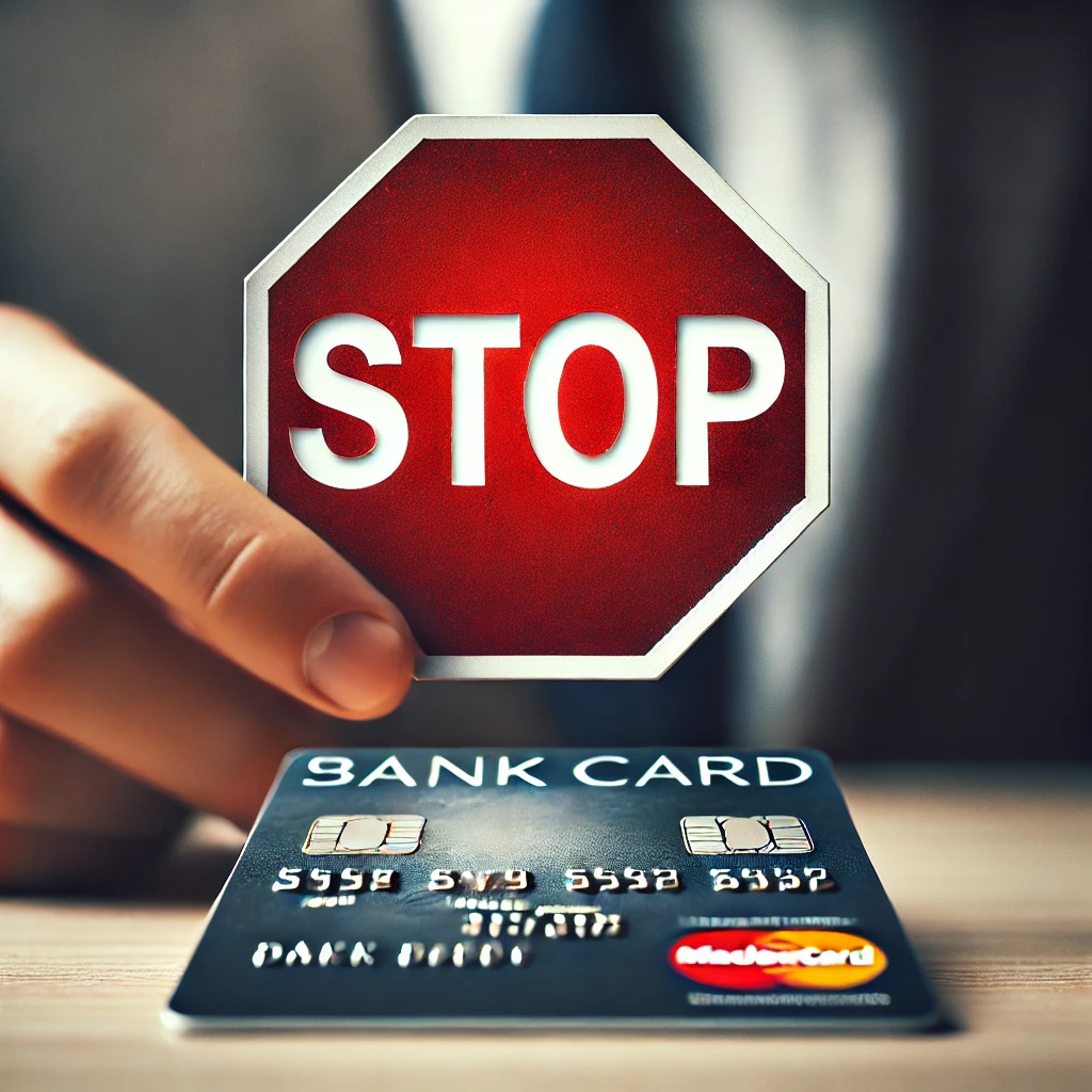 mage d'une carte bancaire avec un signe "STOP" rouge, symbolisant le refus d'utiliser une carte personnelle pour des dépenses professionnelles.