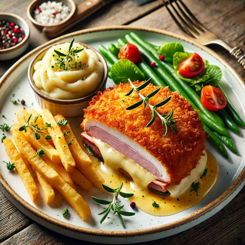 Plat de cordon bleu accompagné de légumes frais sur une assiette blanche.