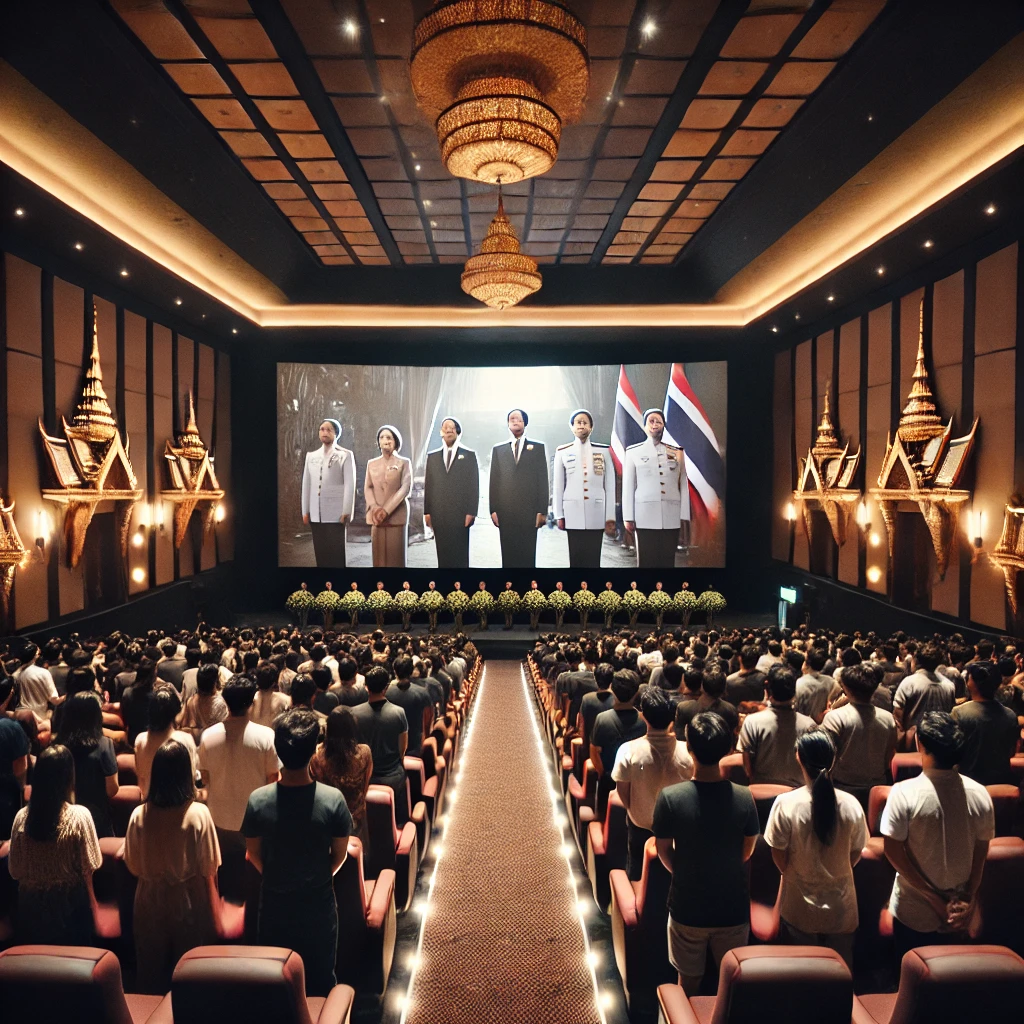 Spectateurs se levant dans un cinéma thaïlandais pendant la diffusion de l'hymne royal, avant la projection d'un film.