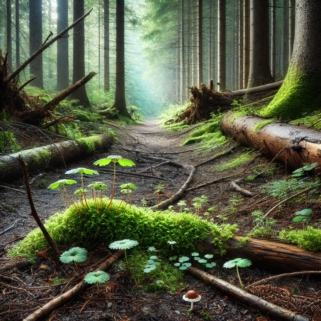 Un sentier de forêt avec du bois mort éparpillé au sol, symbolisant le rôle écologique crucial du bois dans l'écosystème forestier.