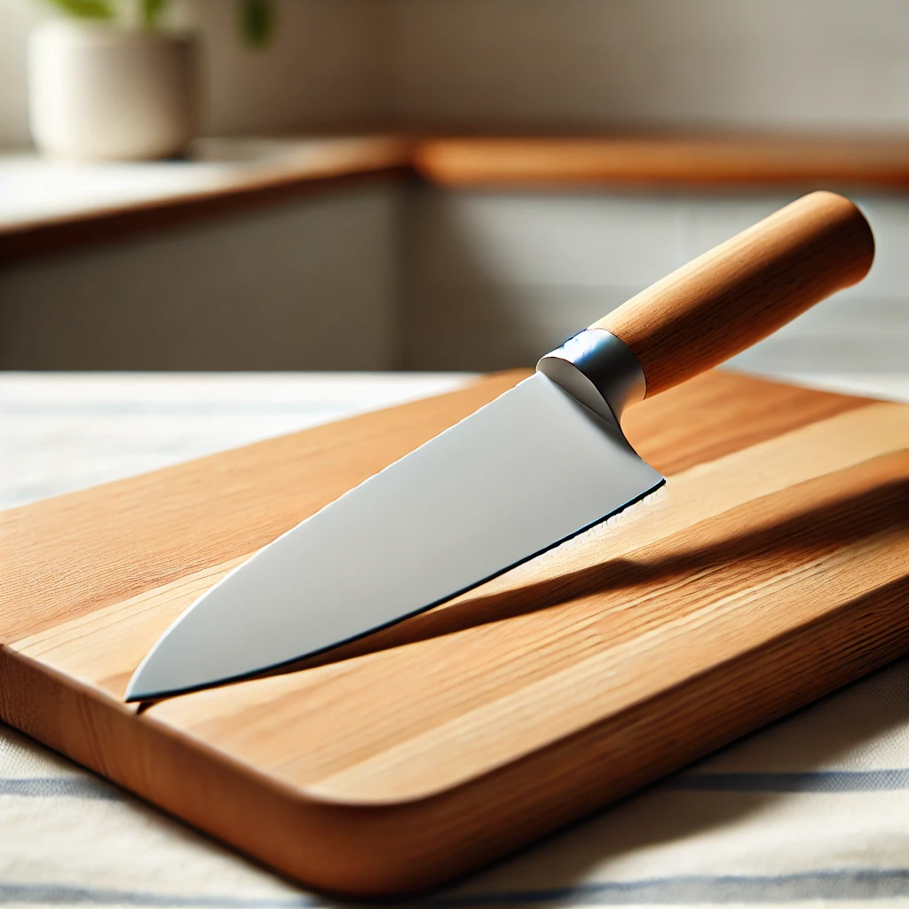 Un couteau en céramique blanc avec une lame en oxyde de zirconium, posé sur une planche de cuisine en bois.